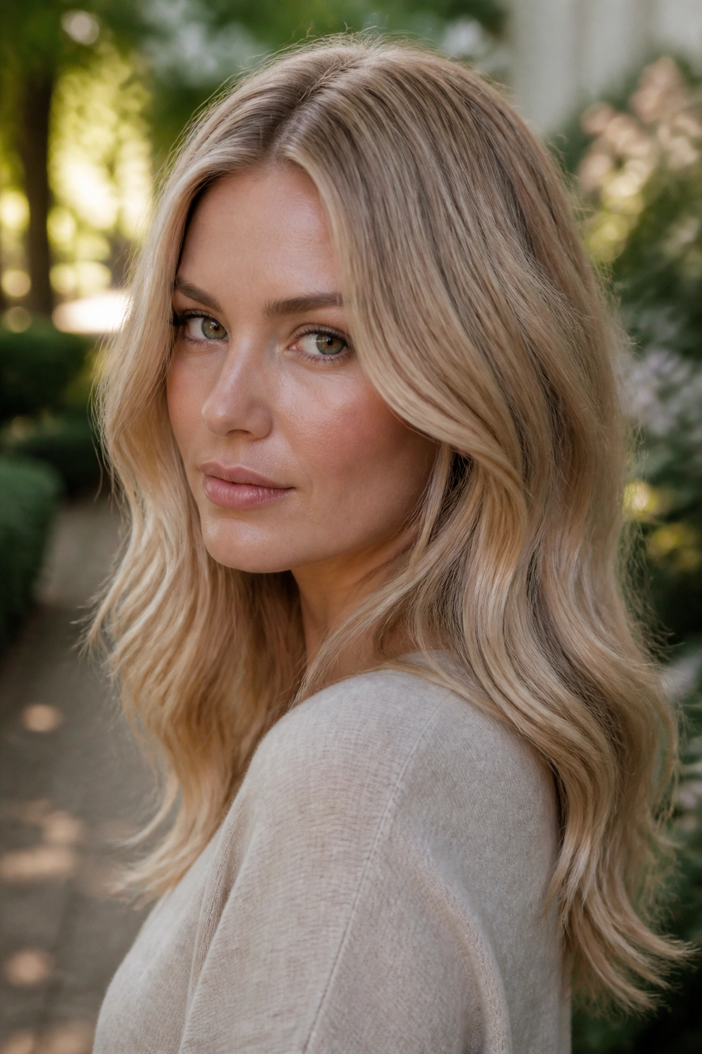 Close-up portrait of a real woman with linen blonde hair in diffused outdoor light