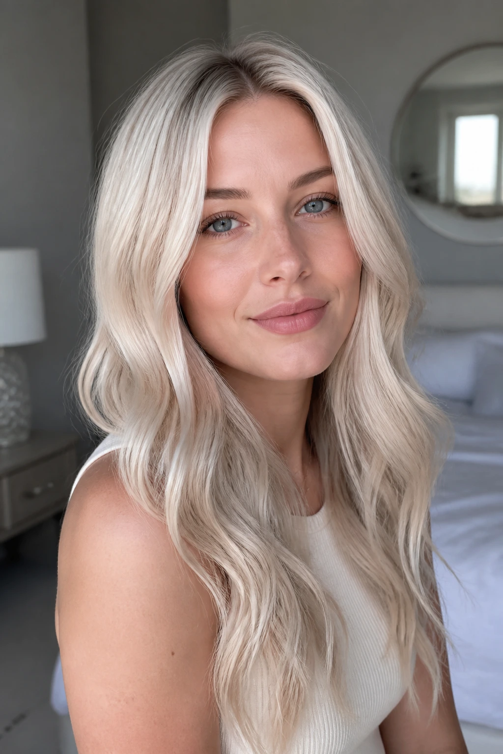 Close-up portrait of a real woman with linen blonde hair in soft daylight