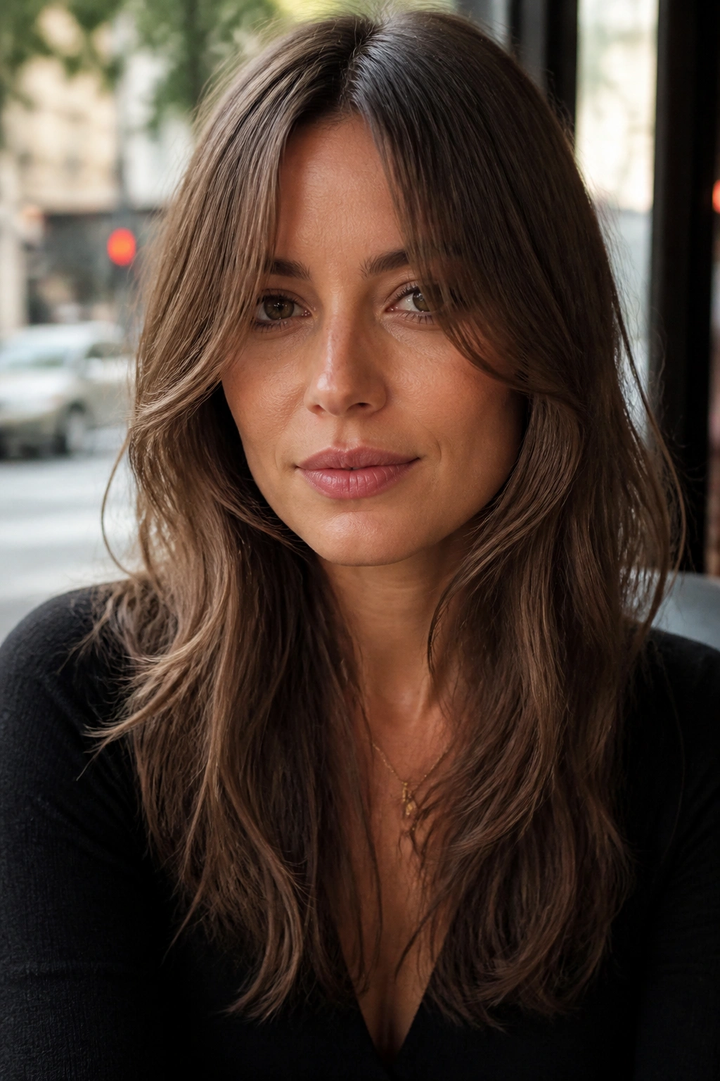 Portrait of a real woman with lip-length curtain bangs reaching the mouth corners