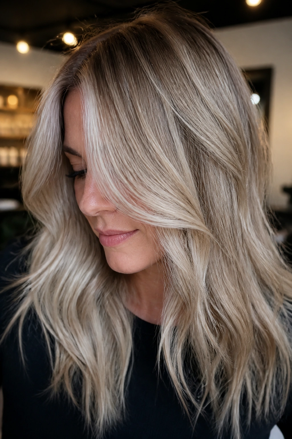 Close-up portrait of a real woman with lived-in ash blonde hair, diffused roots and soft highlights