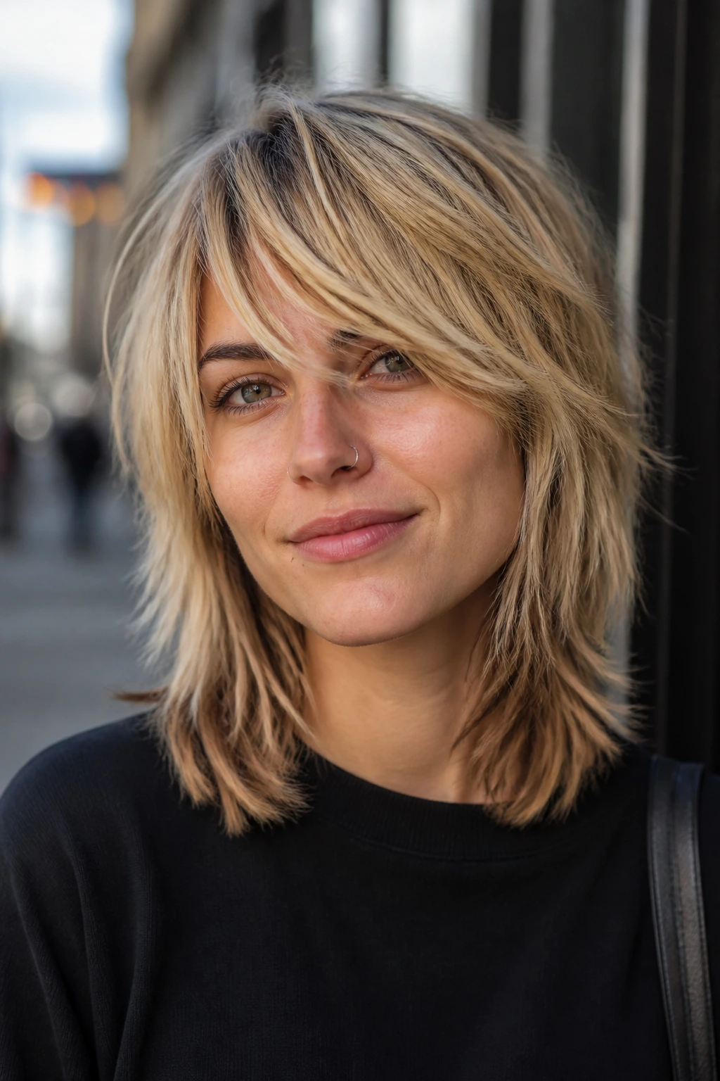 Close-up of a real woman with a lived-in blonde wolf cut and sweeping side fringe in daylight