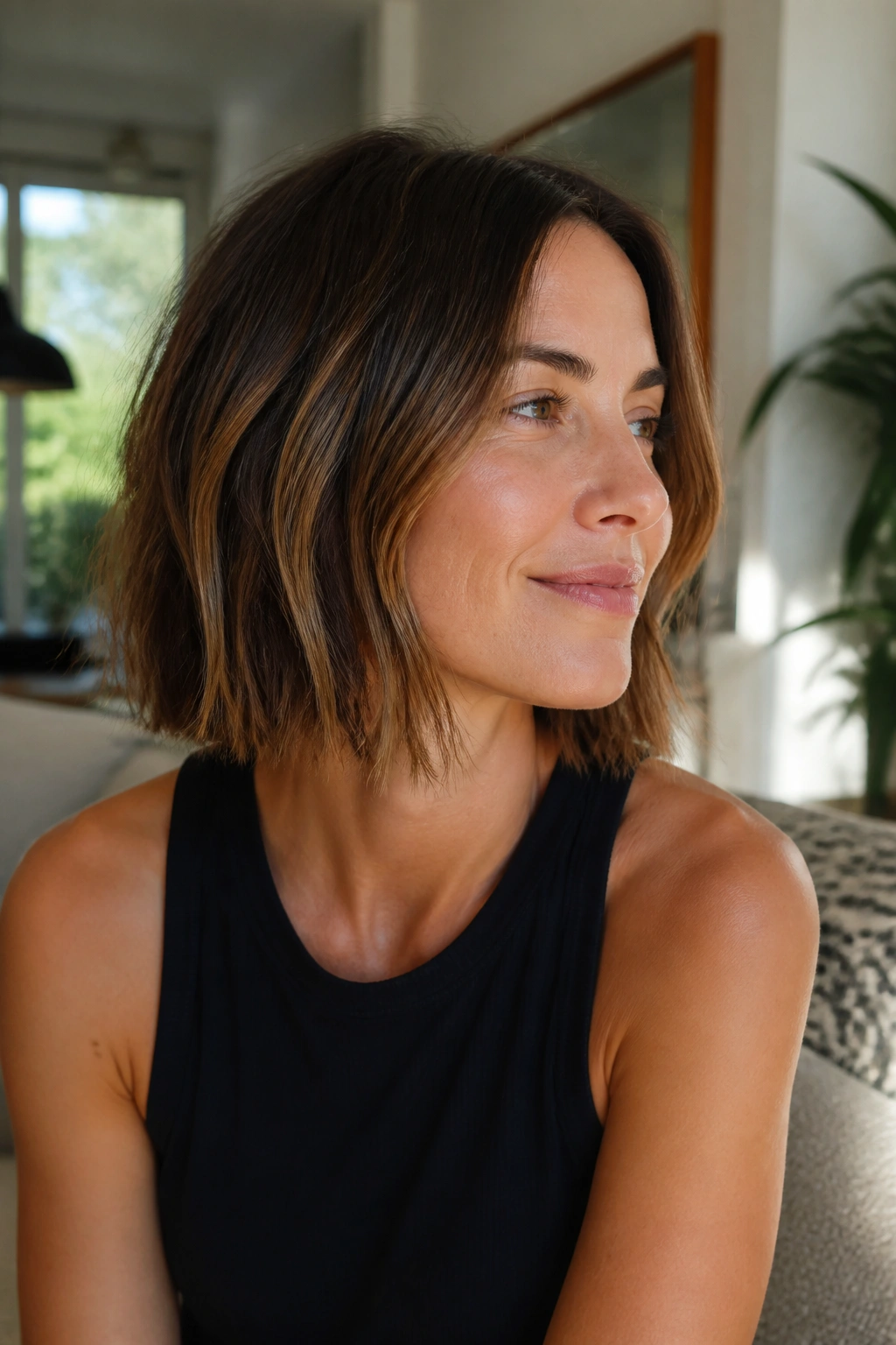 Close-up of a person with a lived-in bob in a cozy room