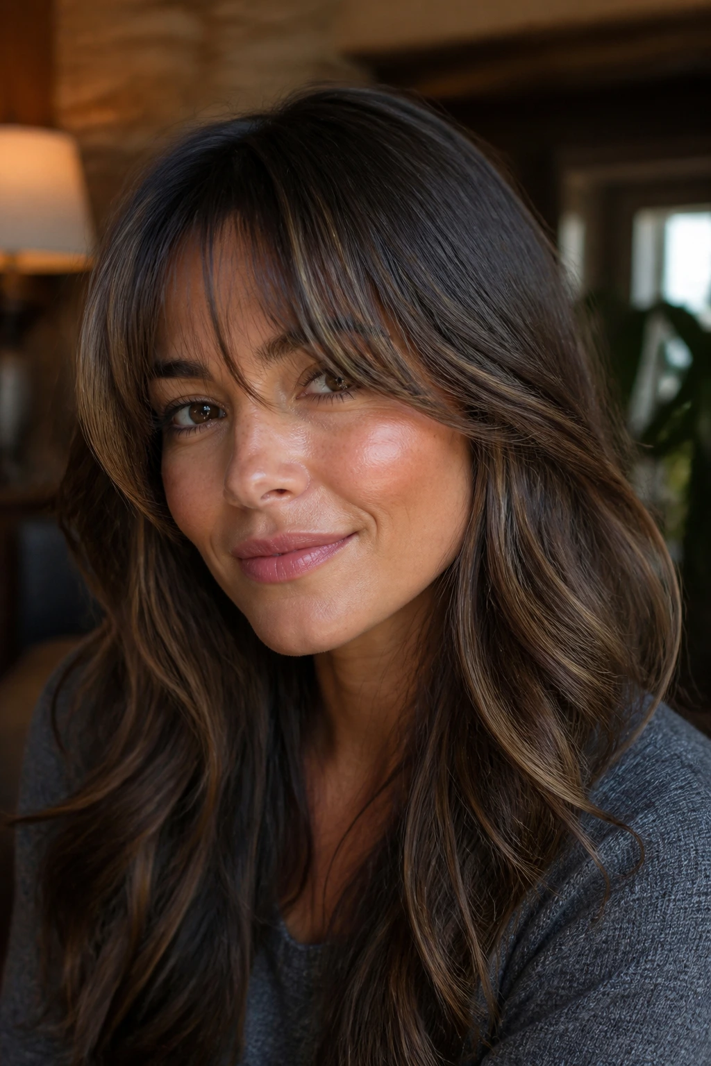 Brunette woman with highlighted bangs and lived-in depth in warm home setting