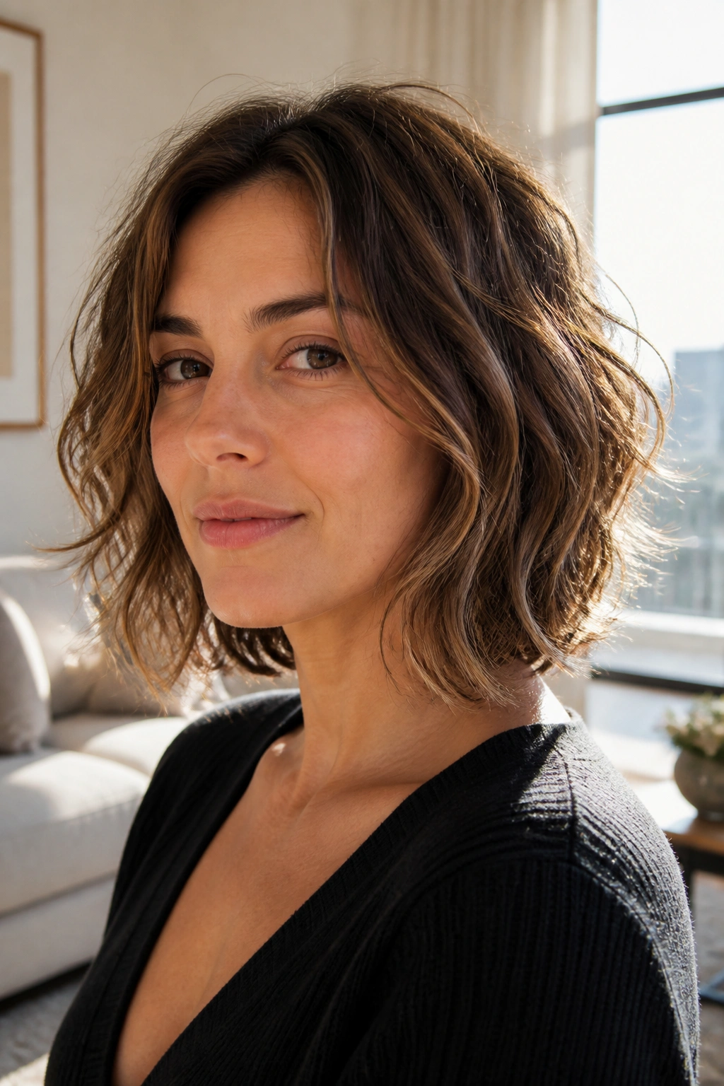 Close-up of a real woman with a lived-in grow-out bob for wavy hair in daylight