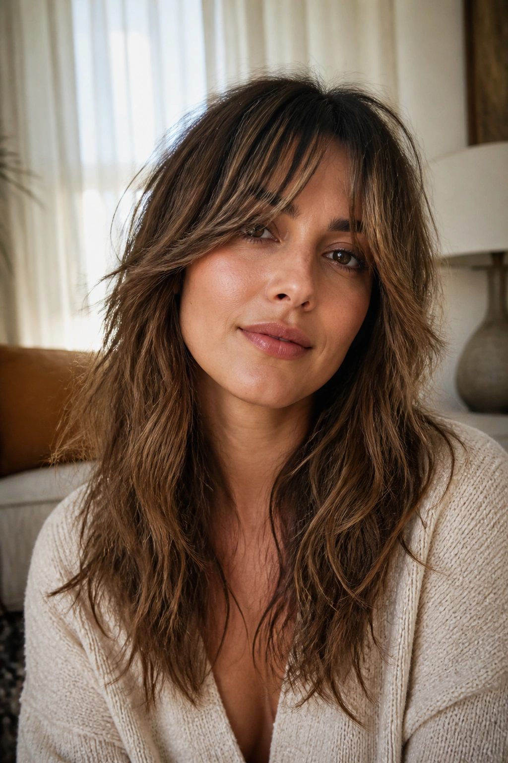 Close-up portrait of a real woman with long bangs in a lived-in shag hairstyle