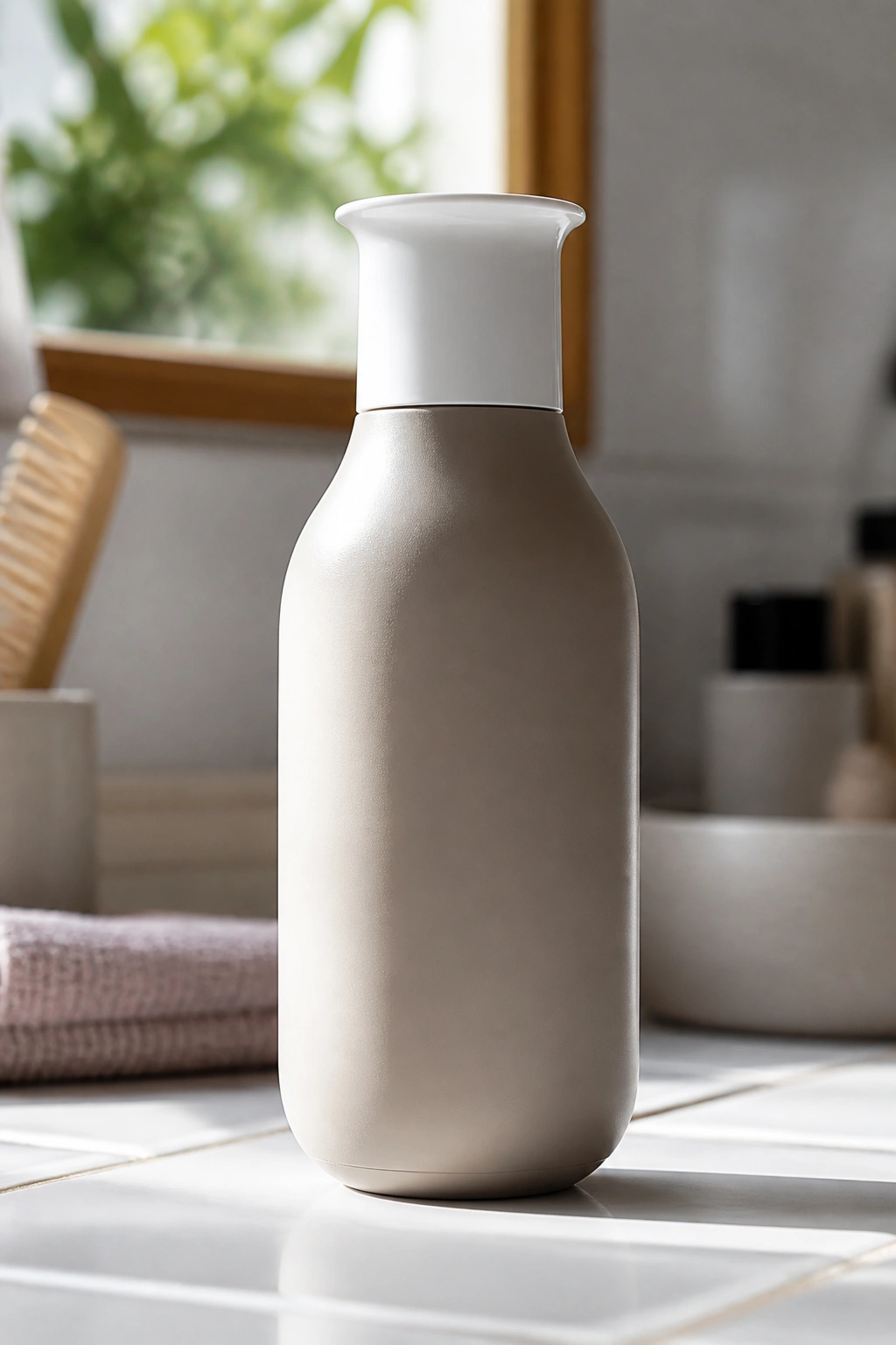 Living Proof Curl Enhancer bottle on bathroom counter with no visible text