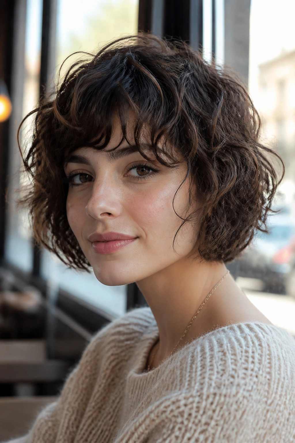 Close-up of lixie hairstyle on a real woman in cafe window light