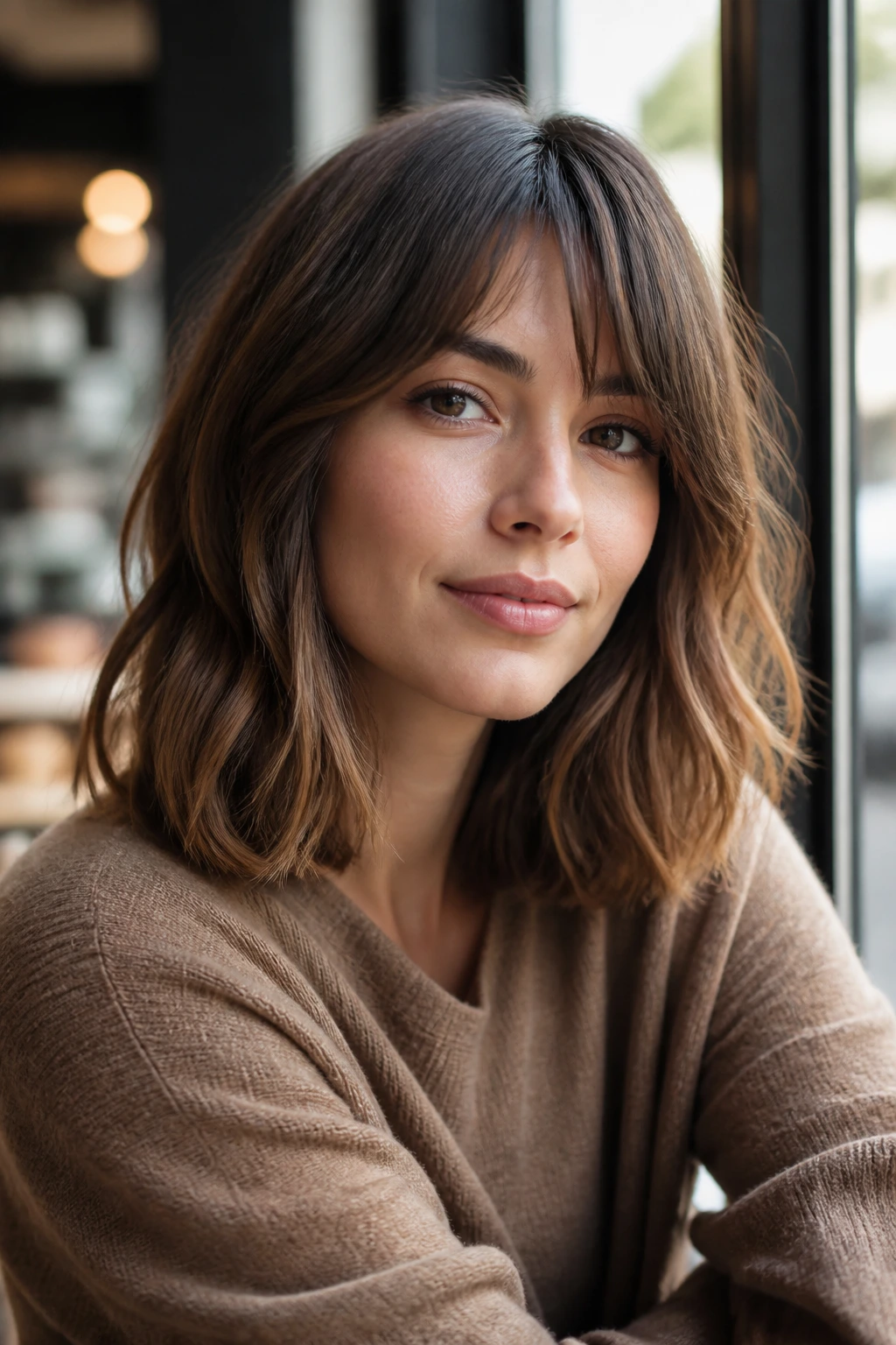 Close-up portrait of a woman with lob bangs in a long bob under soft light