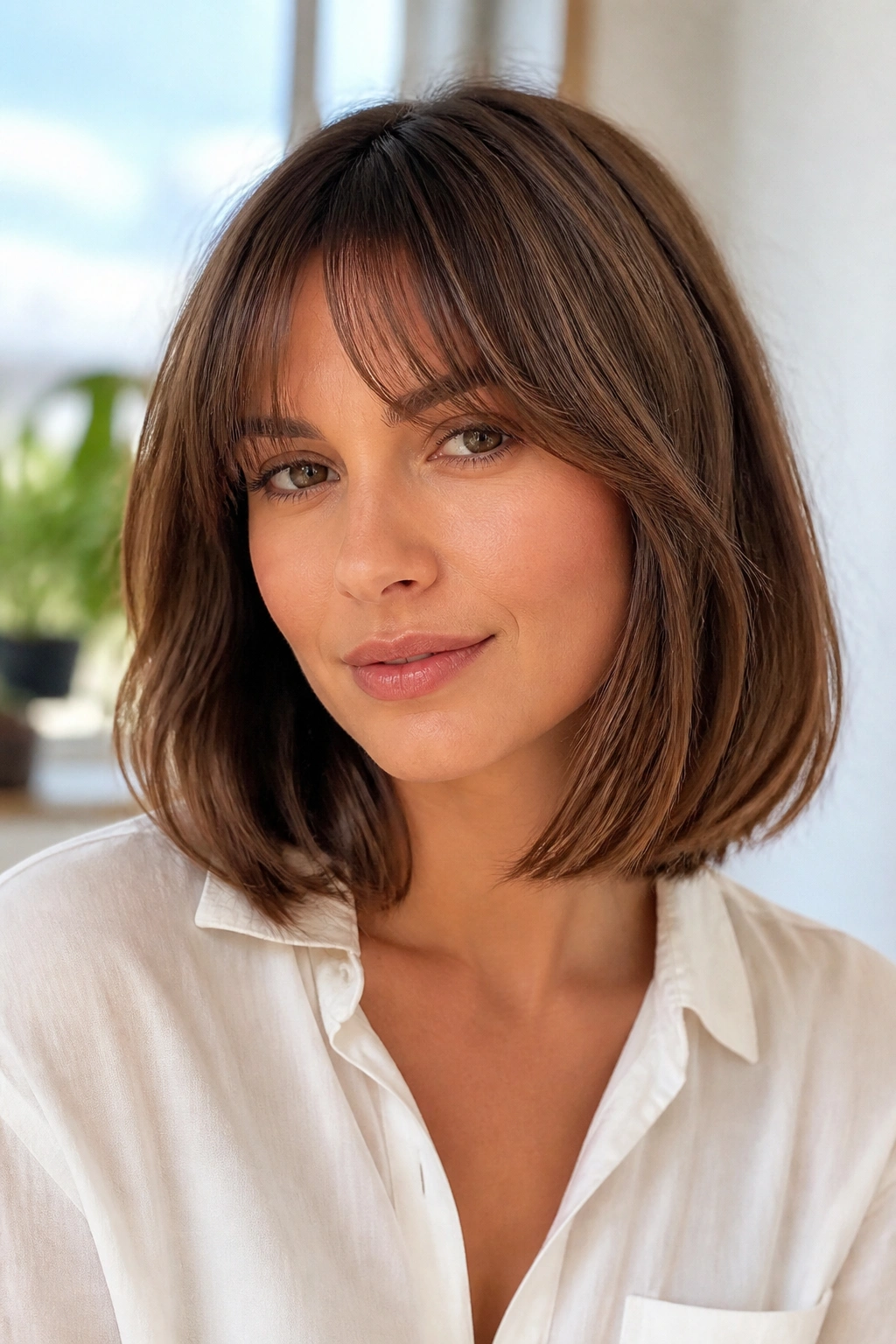 Real person with a lob and Bardot bangs creating a soft outline in bright light