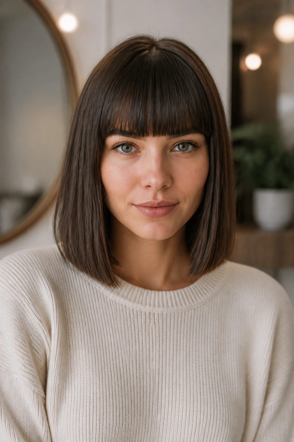 Front-facing portrait of a real person with blunt fringe and lob