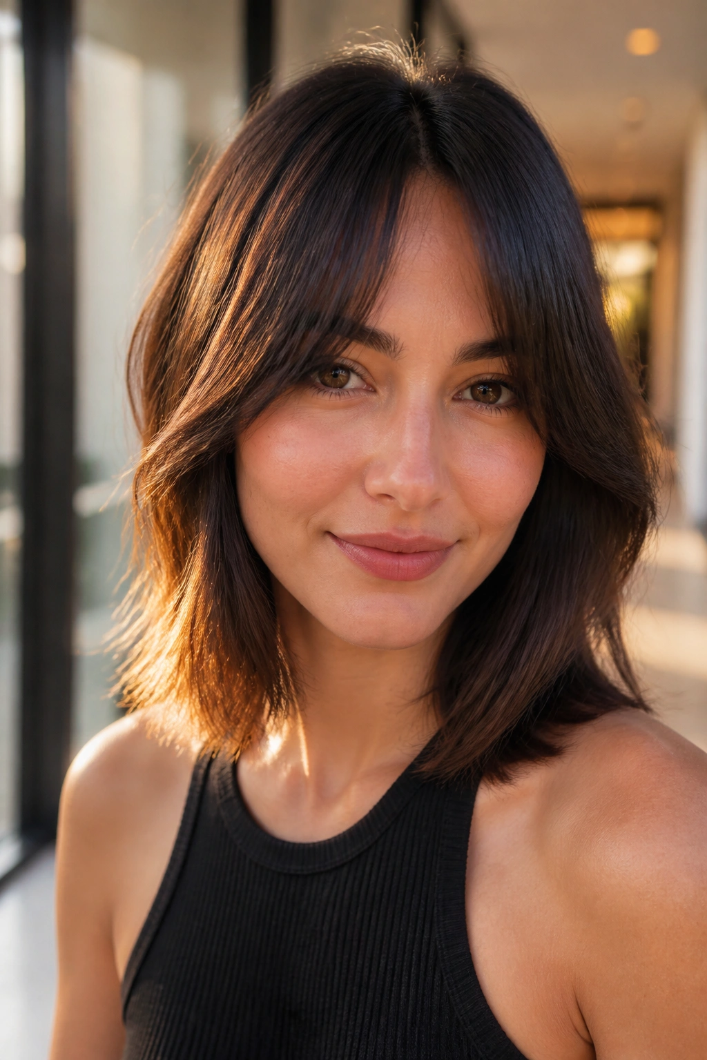 Close-up of a real person with a lob and bottleneck bangs in a sunlit hallway.