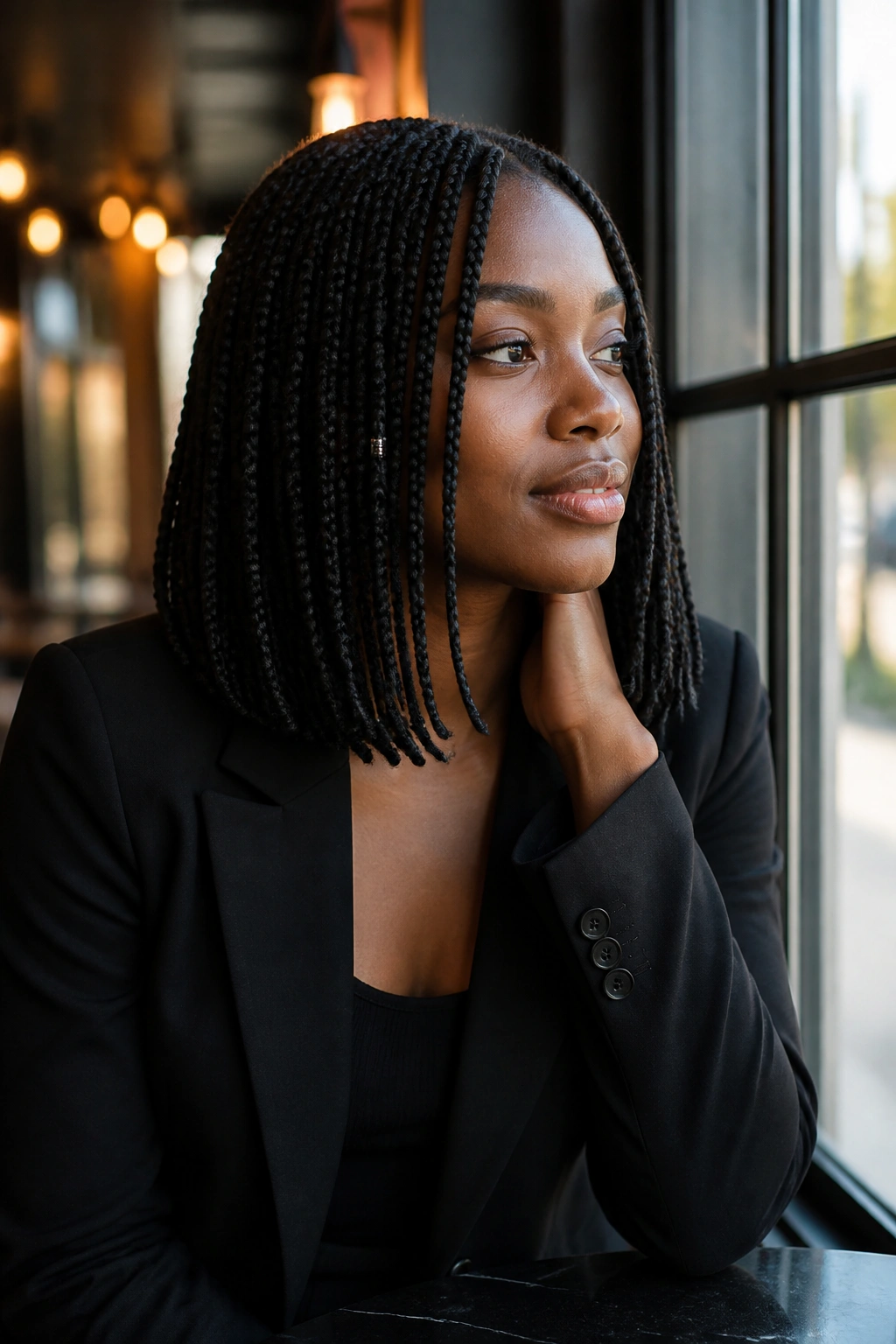 Medium close-up of a real woman with shoulder-length lob braids wearing a blazer in a cafe setting