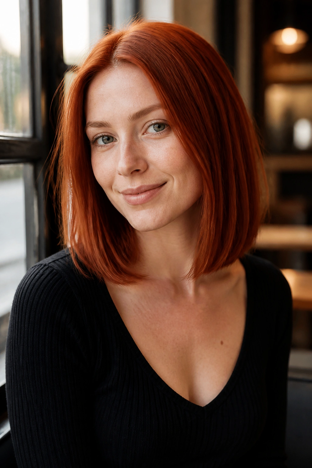 Close-up portrait of a real woman with collarbone-length lob and clean ends in copper tones