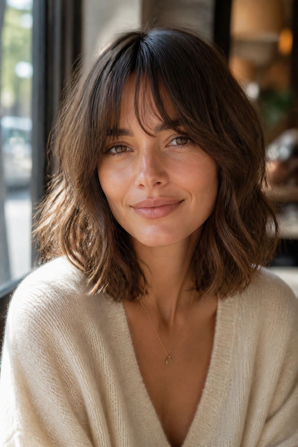 Close-up of a real woman with brow-grazing curtain bangs and a lob hairstyle