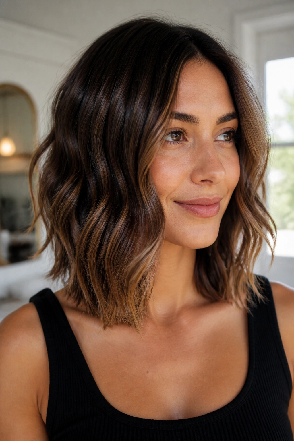 Close-up of shoulder-length lob with defined wavy ends on a real woman