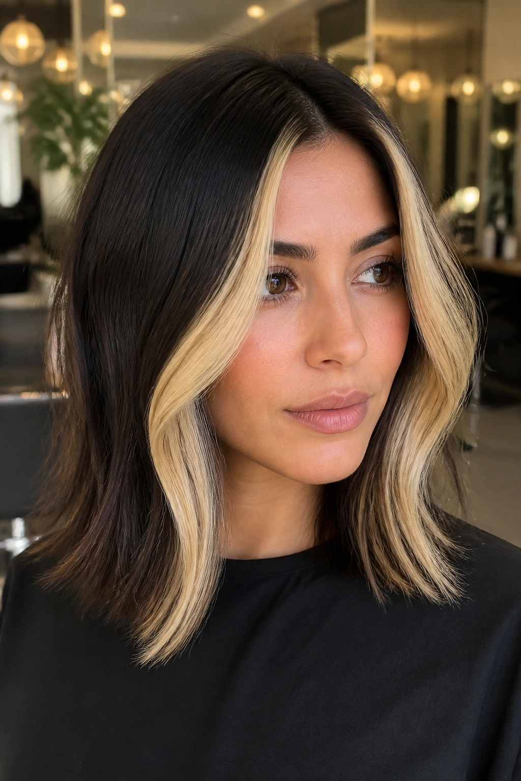 Close-up of a shoulder-length lob with thick high-contrast face-framing pieces