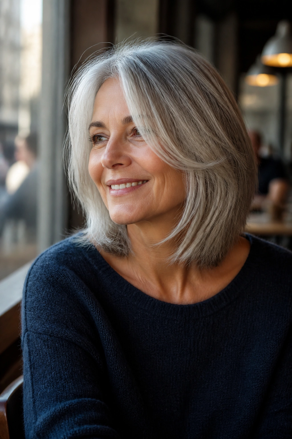 Medium close-up of a real woman with a shoulder-length lob and face-framing layers in a cafe setting.