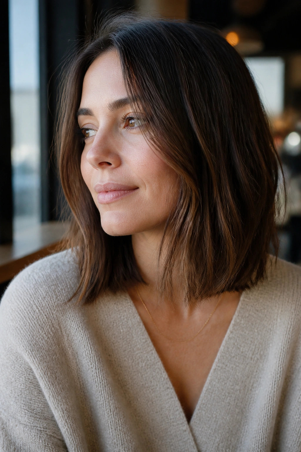 Close-up of a woman with a collarbone-length lob