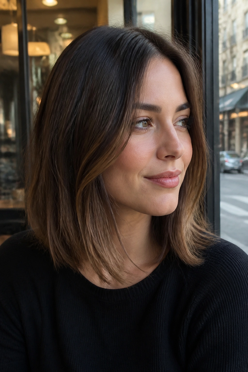 Close-up portrait of a real woman with a shoulder-skimming lob
