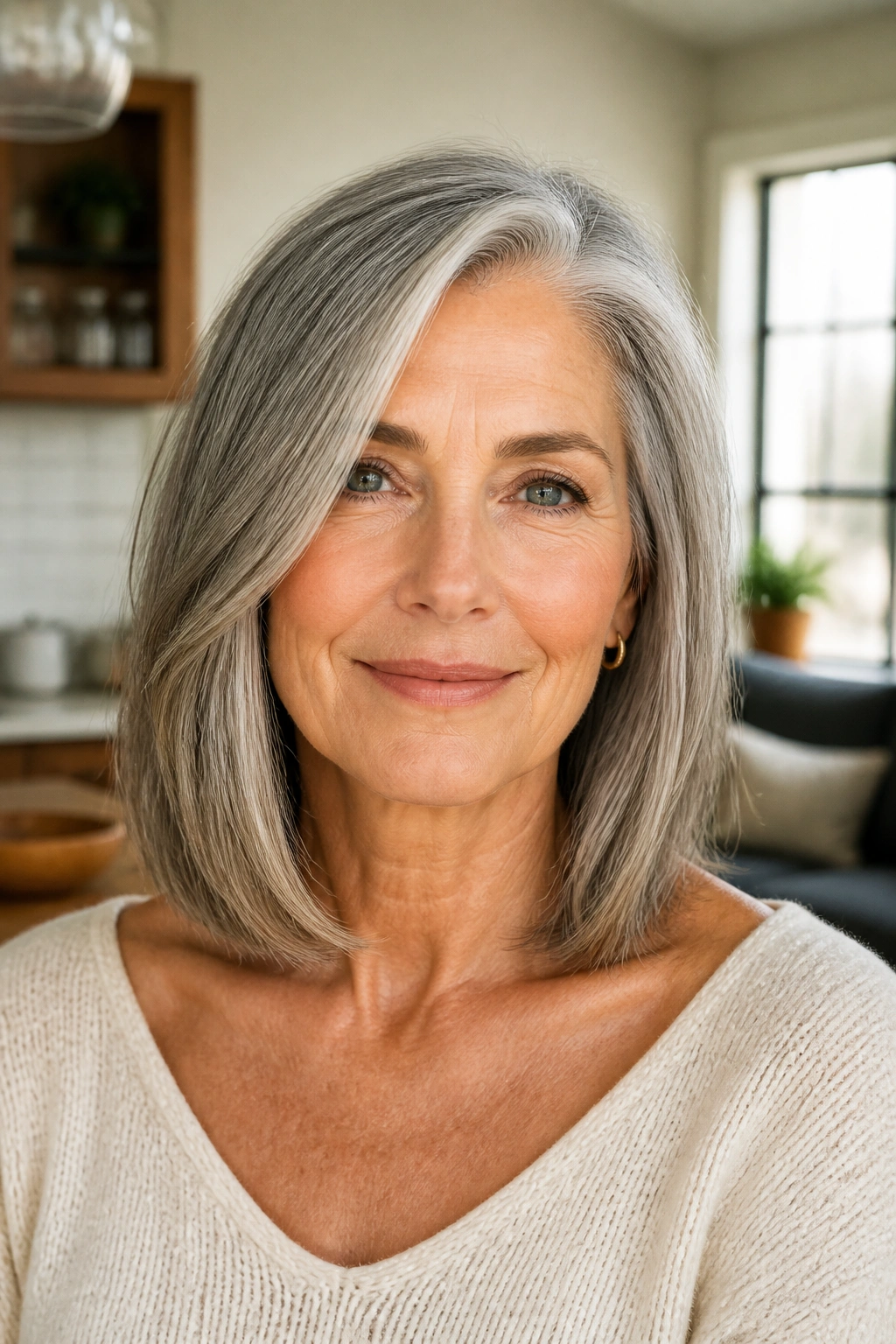 Real woman with collarbone-length lob and side part haircut