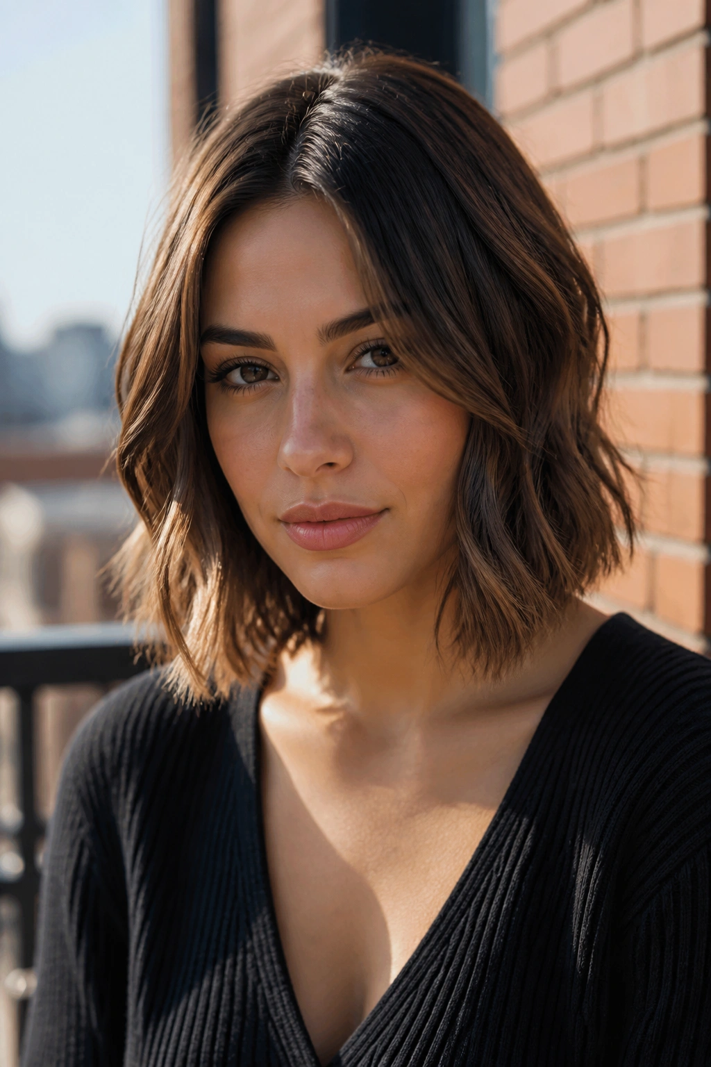 Portrait of a woman with a shoulder-length lob and soft waves