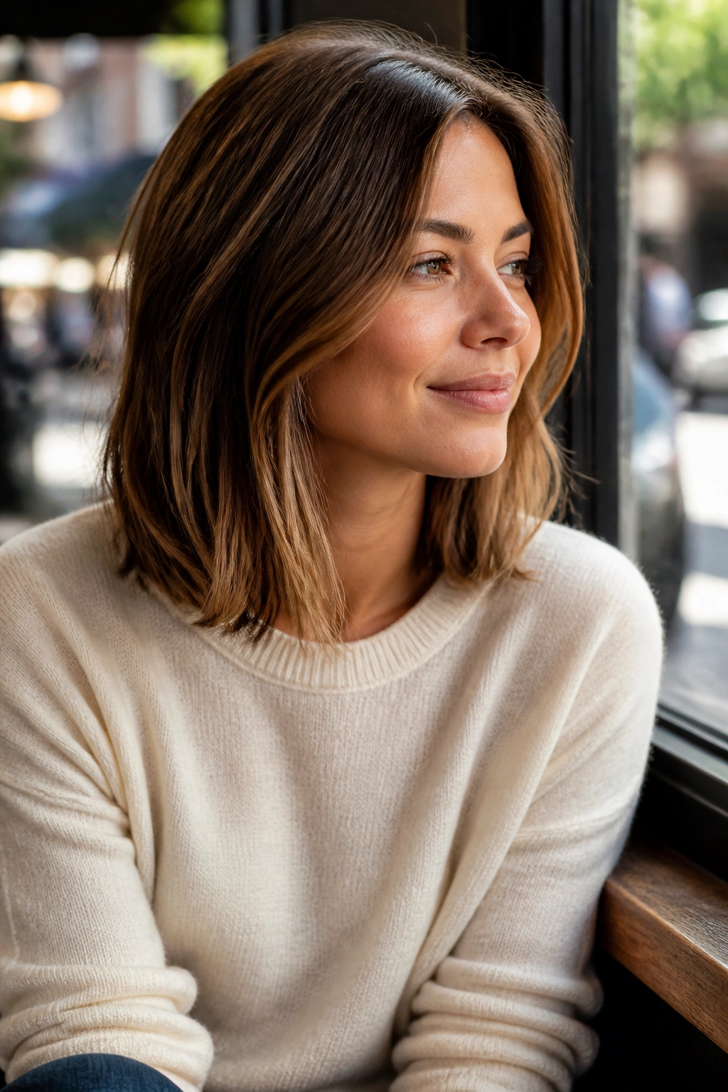 Real woman with shoulder-length lob showing soft layers in natural light.
