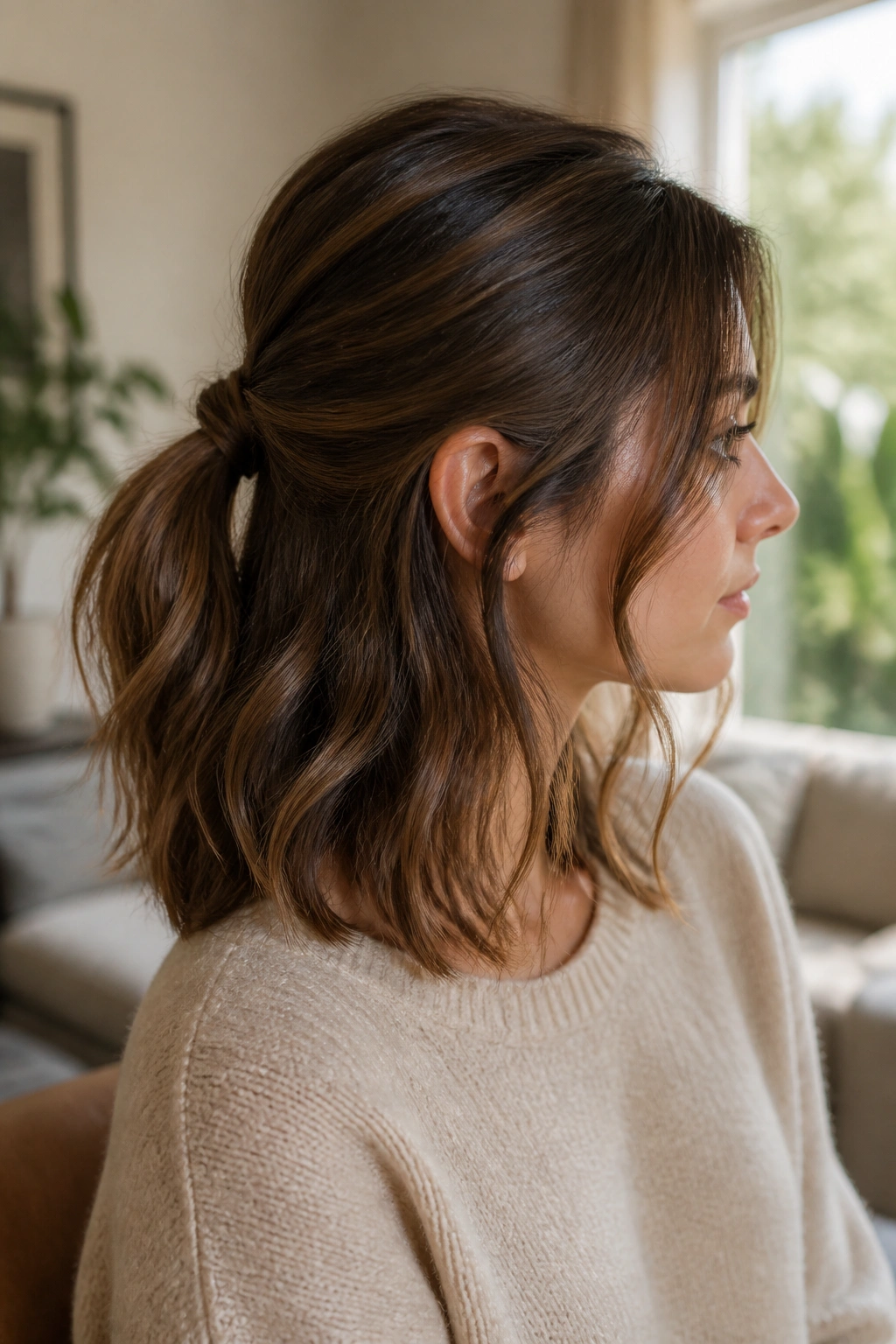 Close-up of real woman with a low half ponytail and soft ends