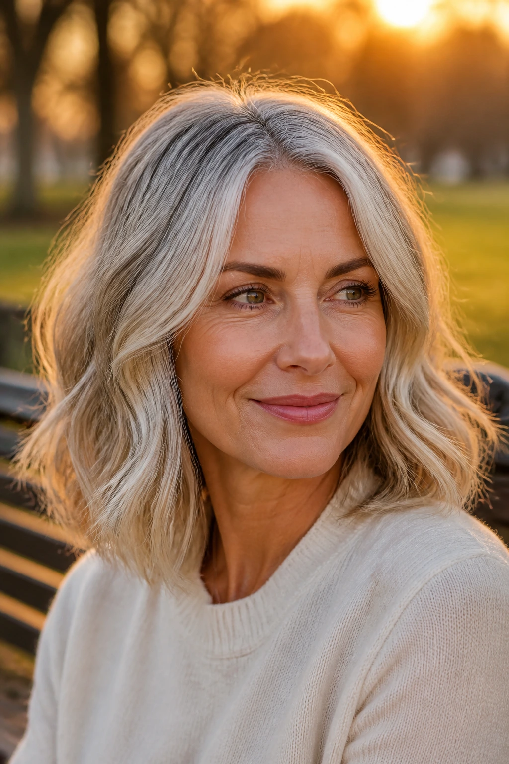 Close-up of a real woman with a lob and loose waves