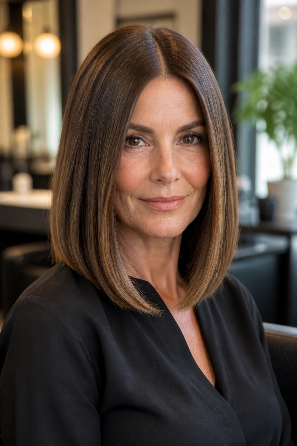 Portrait of a real woman with a sleek middle-part lob and blunt ends, glossy silver-gray hair.
