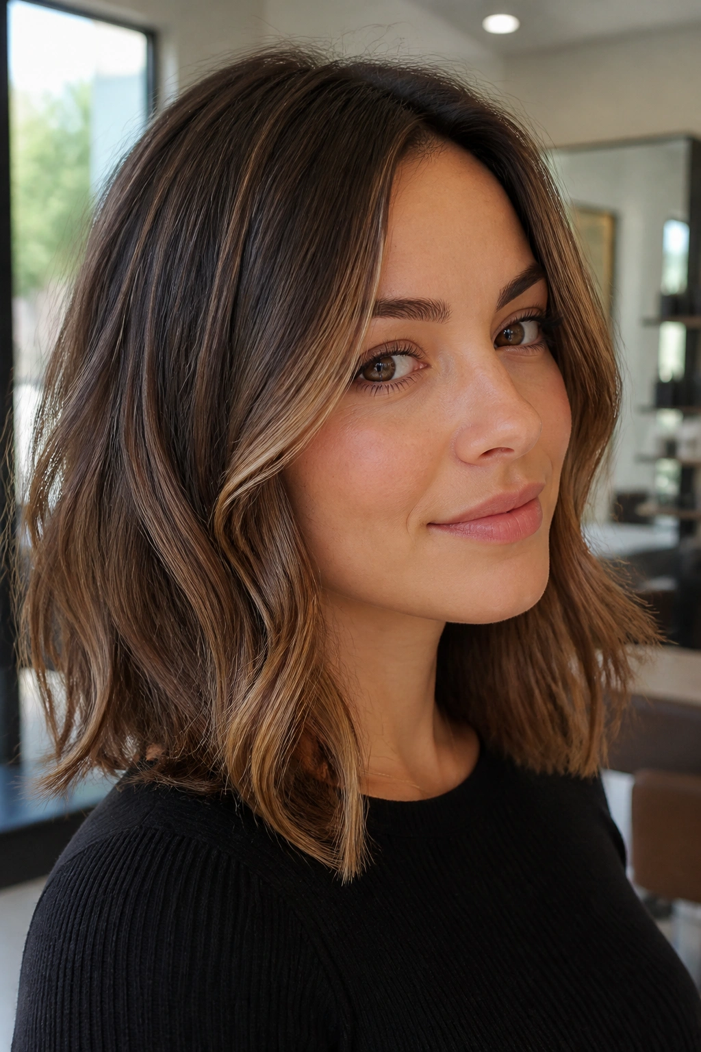 Portrait of a real woman with shoulder-length lob and mocha babylights