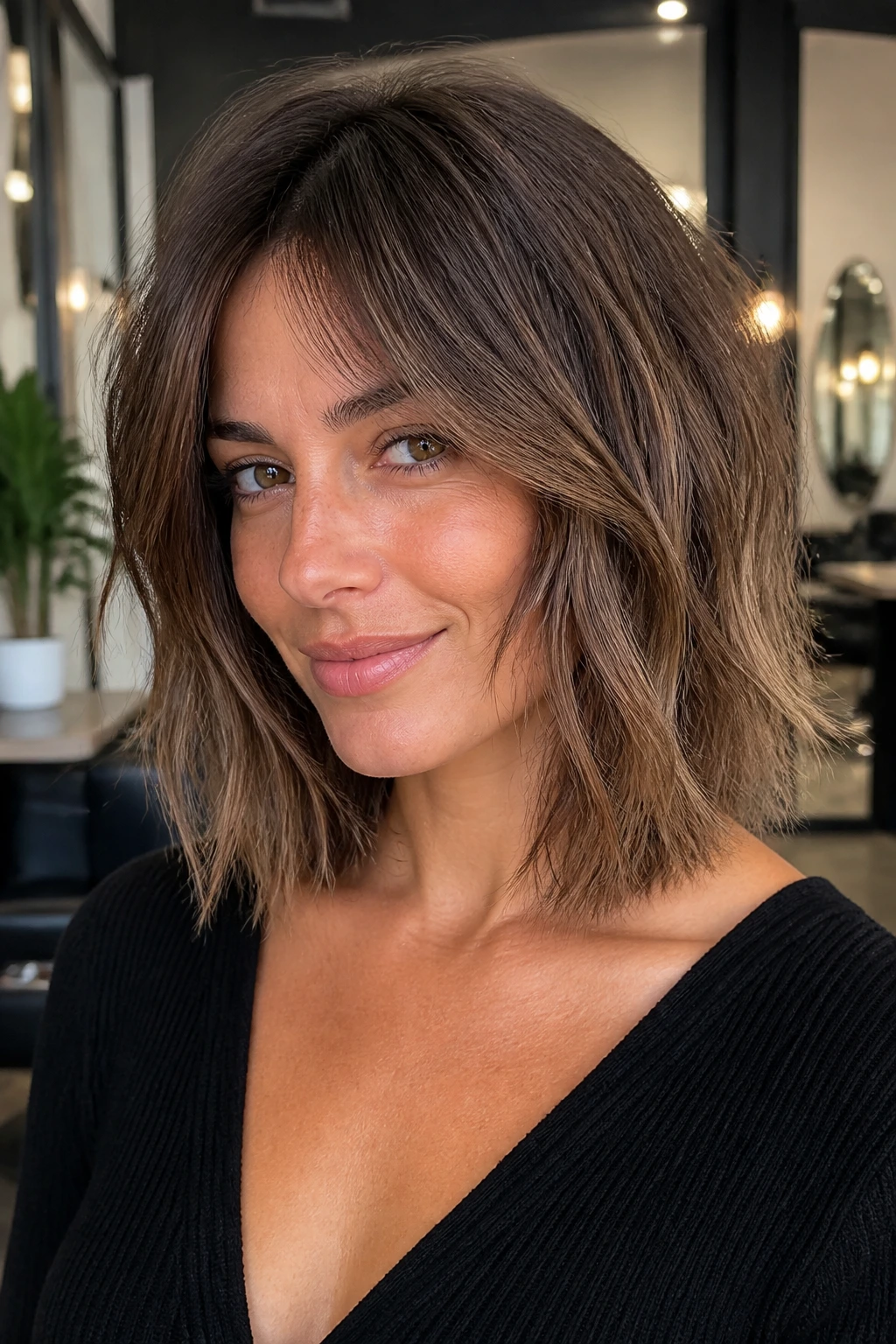 Close-up portrait of a real person with a collarbone-length lob-shag hybrid showing soft face-framing layers in natural window light