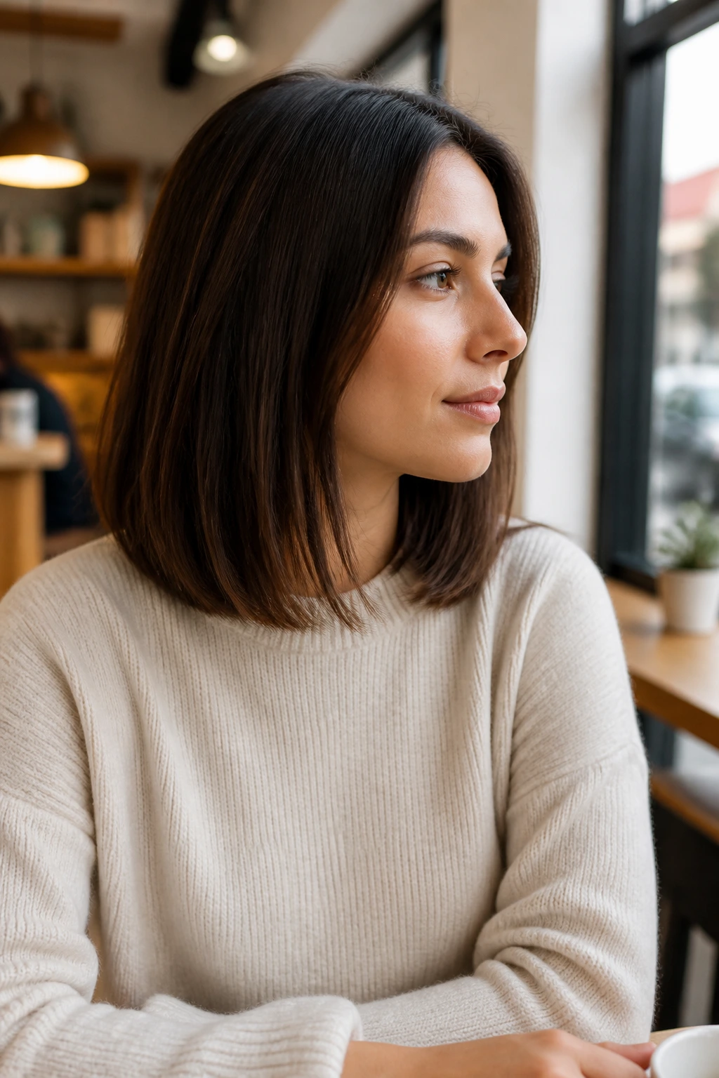 Portrait of a person with a shoulder-length lob, clean line at collarbone.