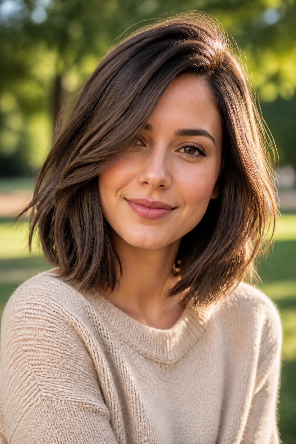 Portrait of a real woman with a side-swept lob in a sunlit park