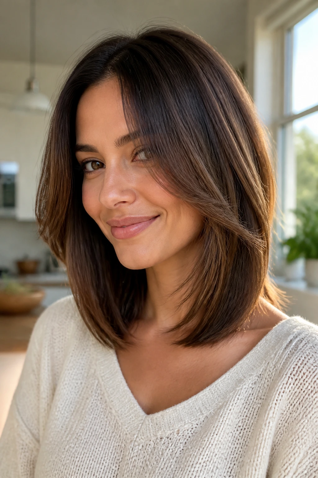 Close-up of real woman with lob-length layers and tapered ends