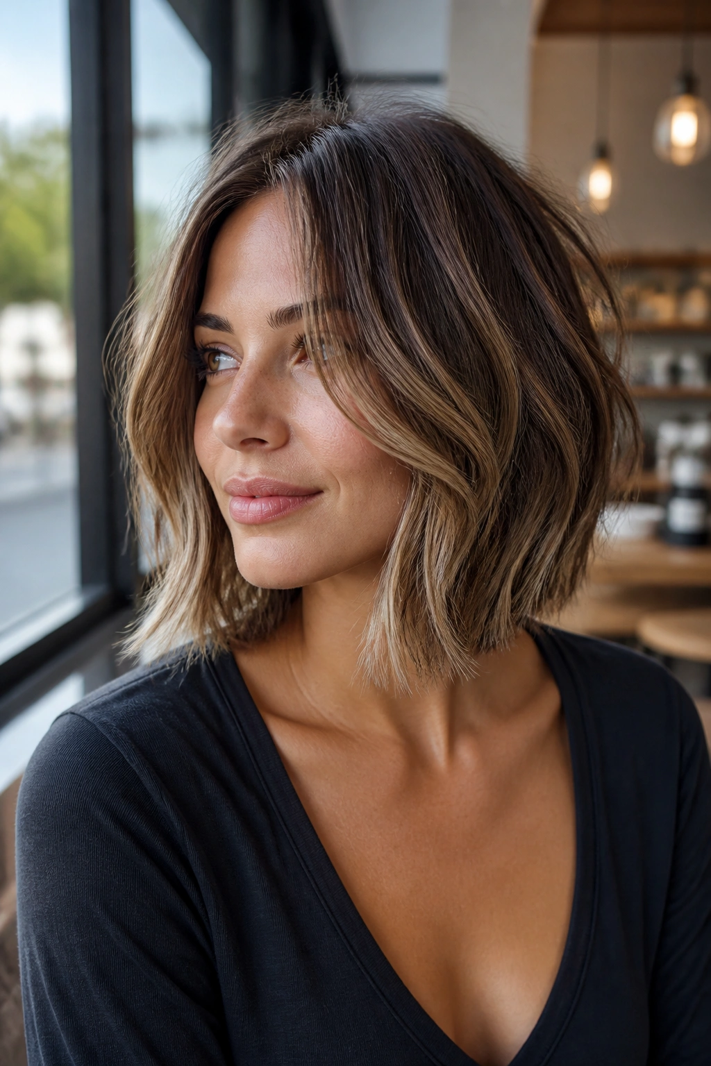 Portrait of a real woman with face-framing pieces in a lob-to-bob transition