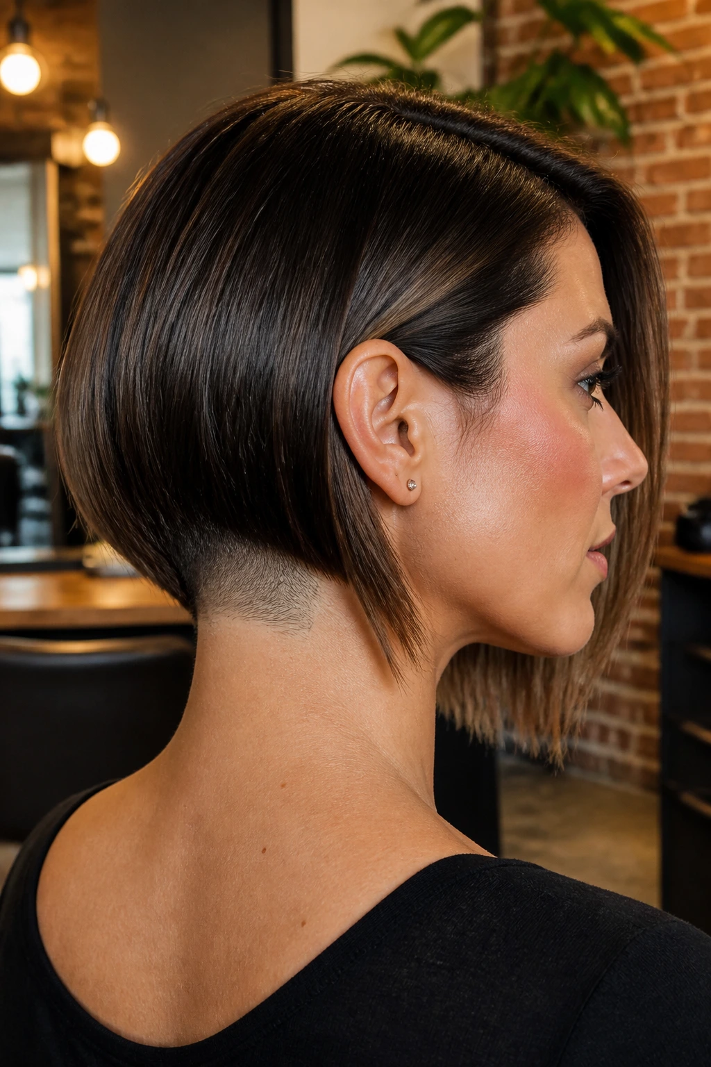 Profile portrait of a woman with lob and nape undercut