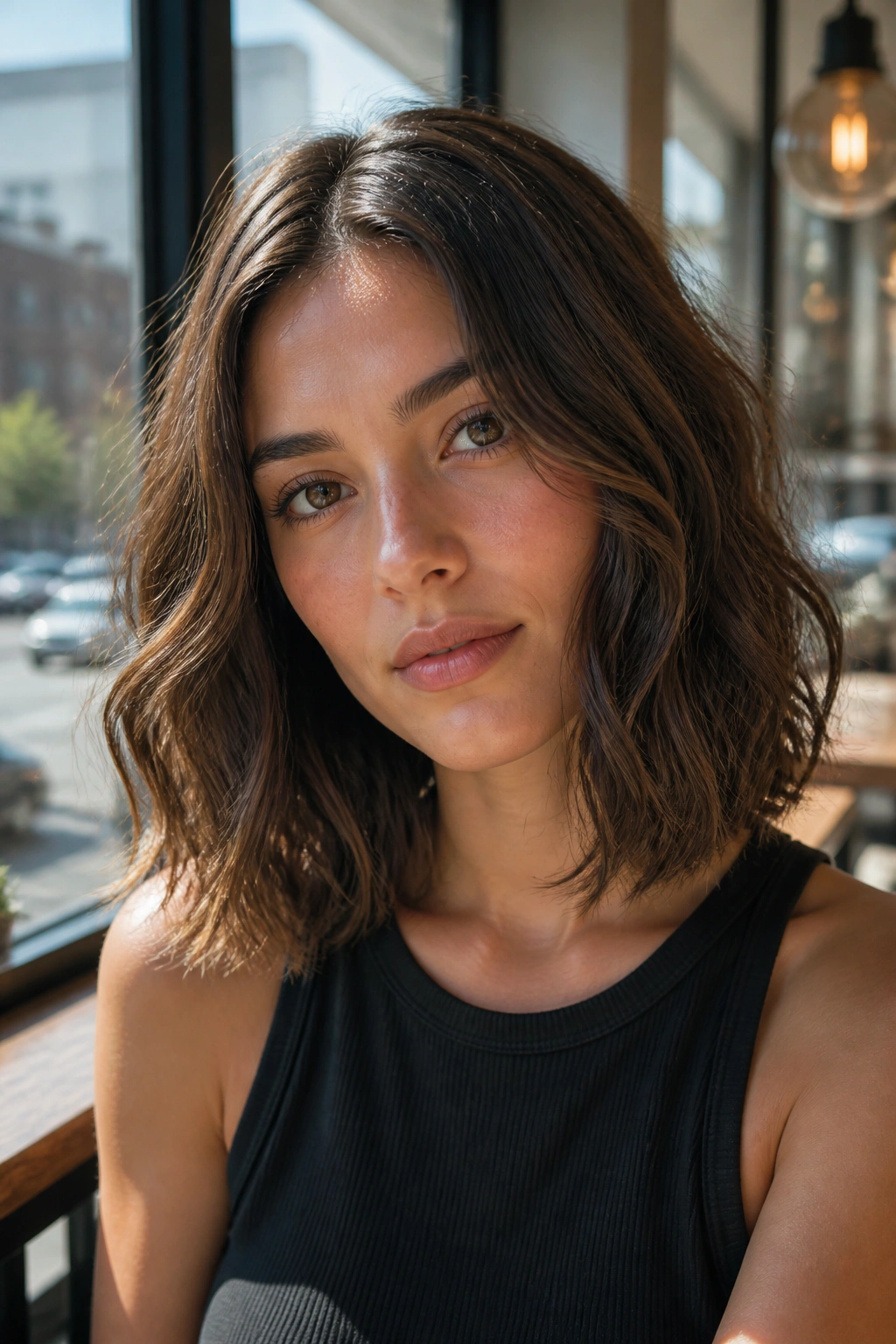 Close-up portrait of a real woman with a shoulder-length air-dried lob and minimal layers