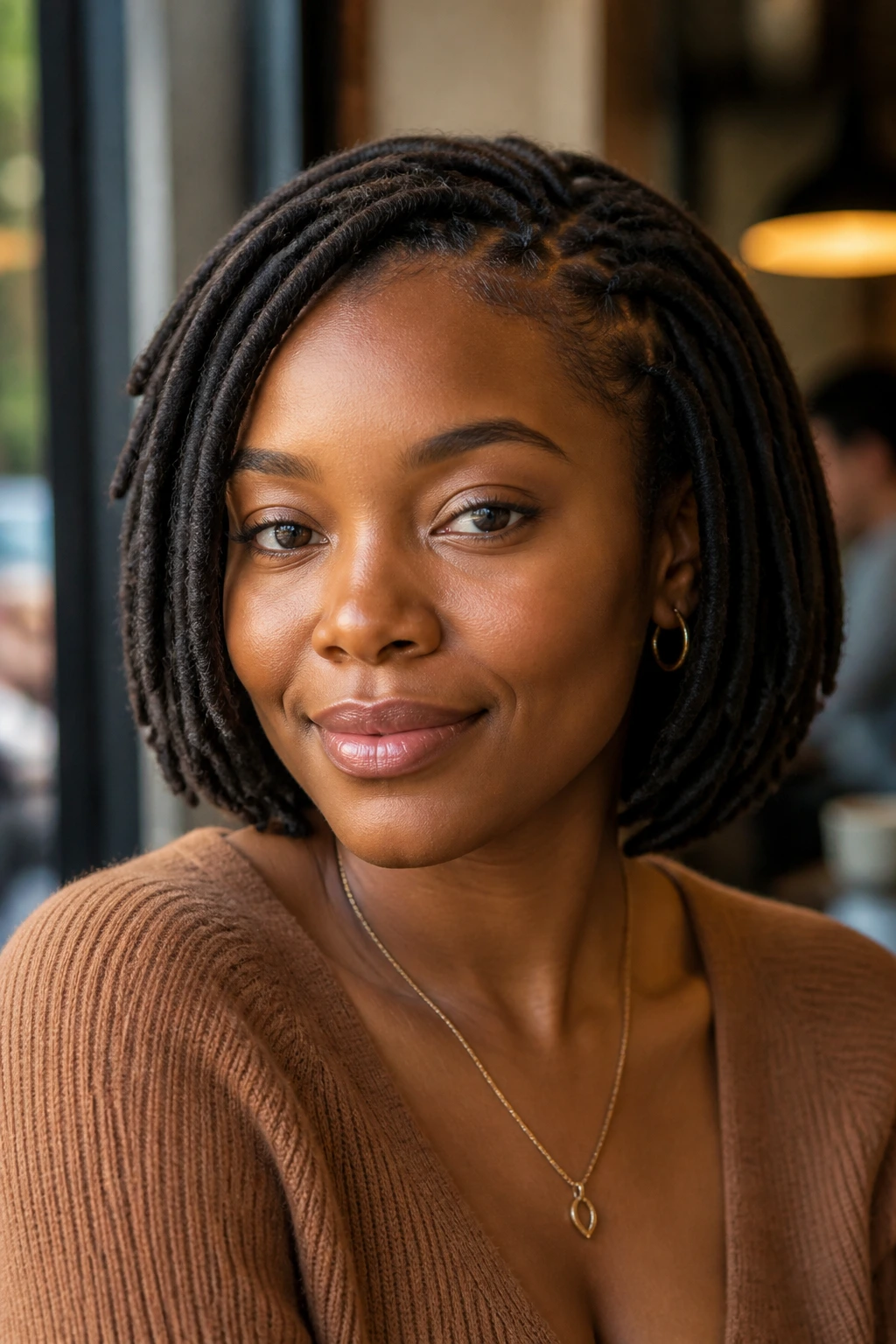 Close-up portrait of a real person with a chin-length loc bob tucked under for a sleek look