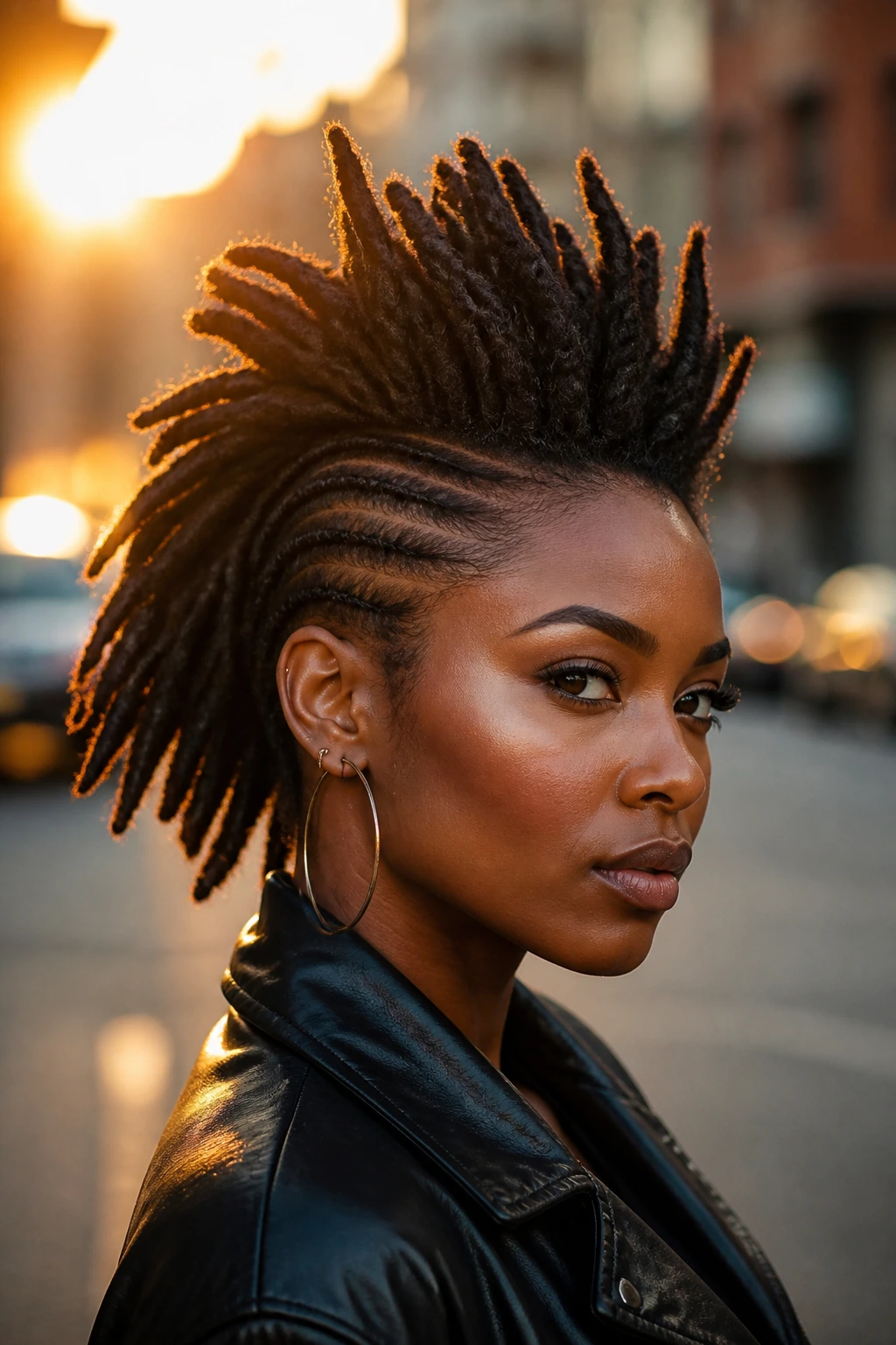 Close-up portrait of a real person with a bold loc Mohawk, sides pinned flat and center elevated
