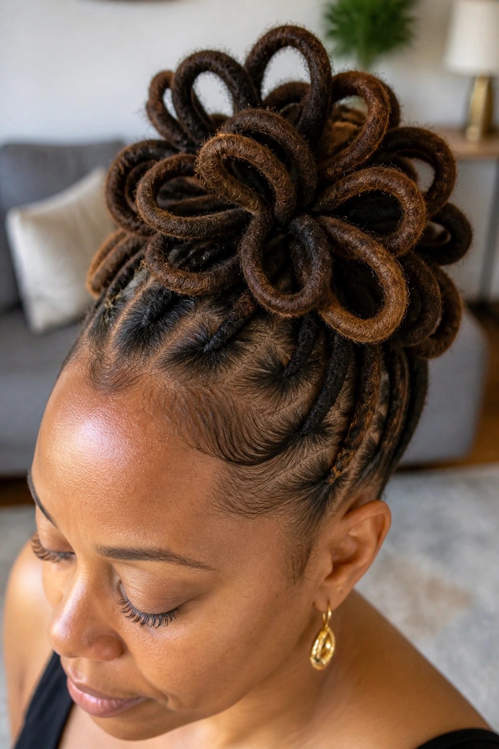 Close-up of loc petal bun