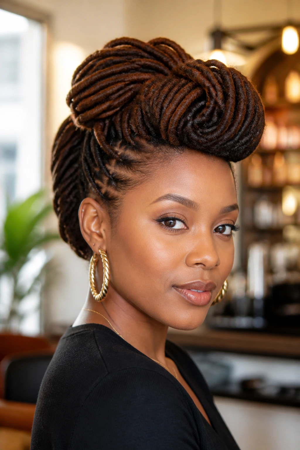 Close-up of a woman with a loc pompadour in a chic salon setting