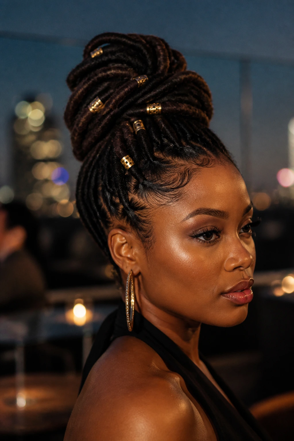 Close-up portrait of a woman with an updo and cuffs on locs