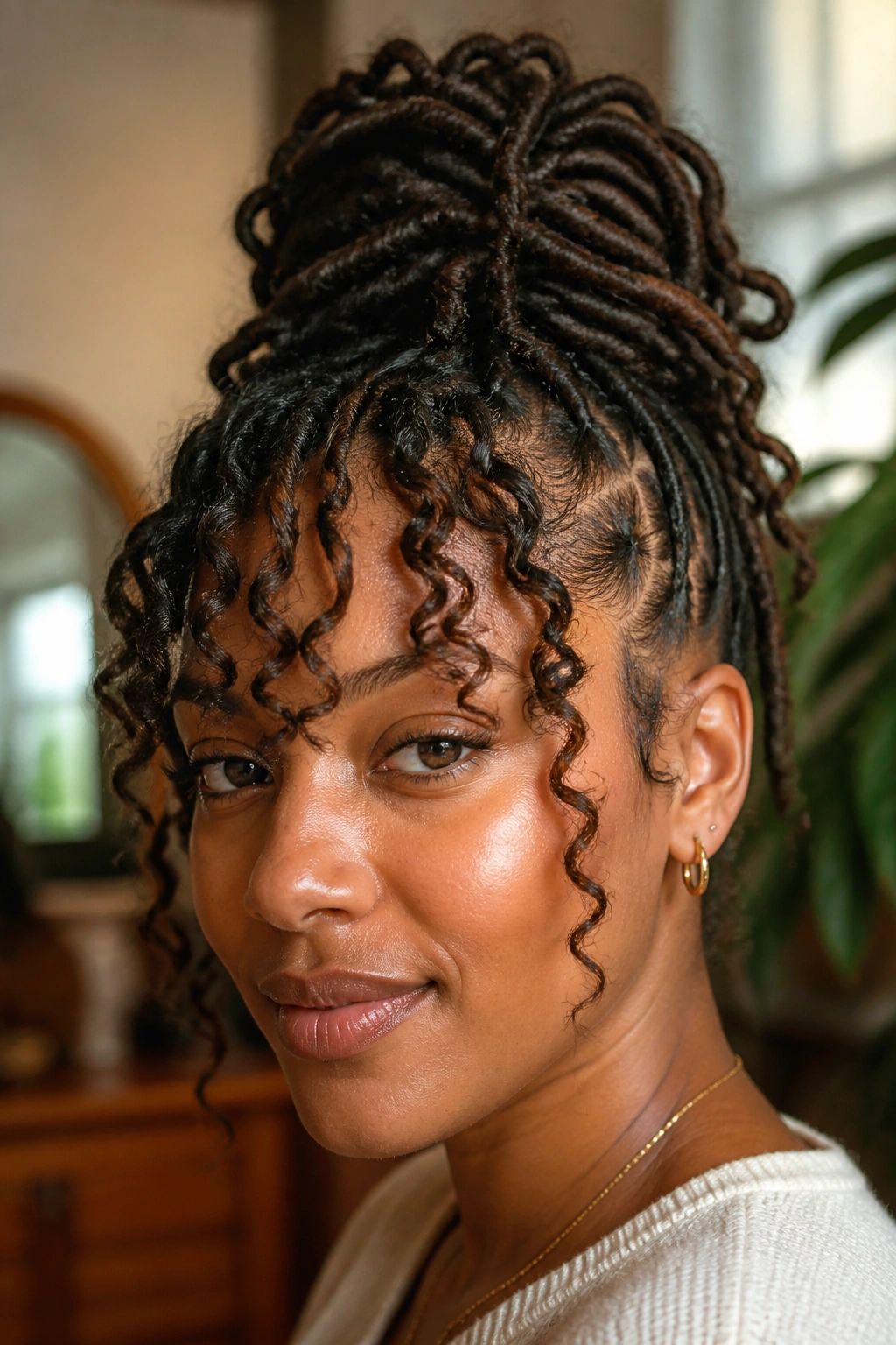 Real woman with loc updo and curly fringe showing texture at the front.