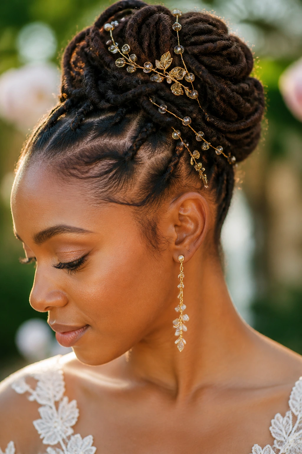 Real person wearing hair vines and jewelry woven into locs