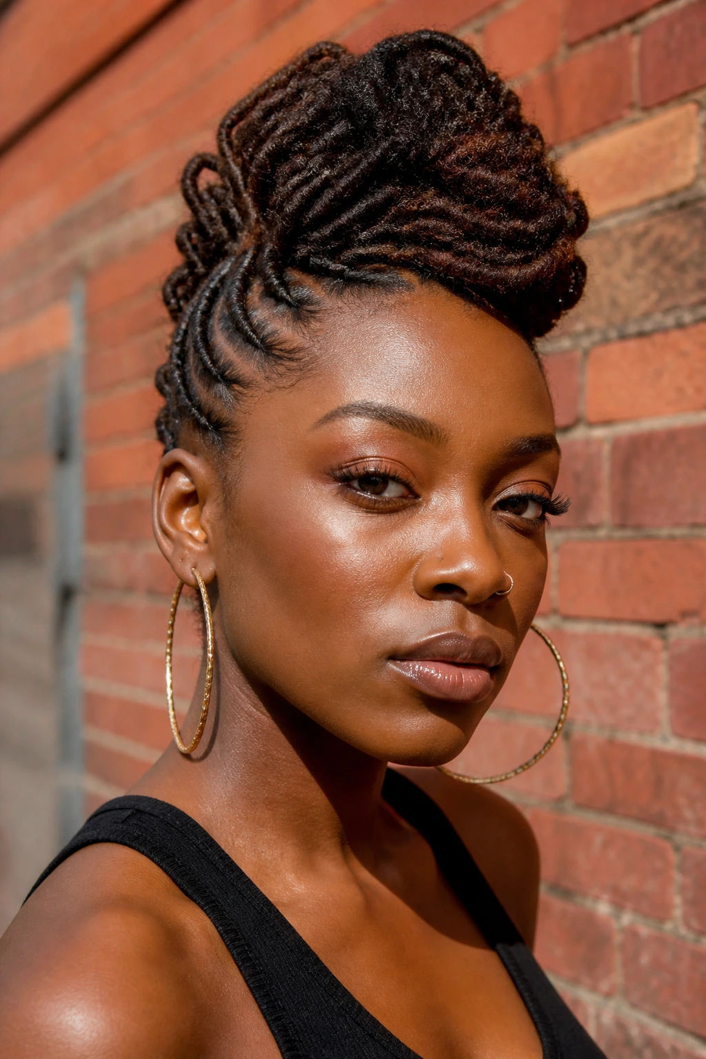 Real person with loc faux hawk hairstyle against an urban backdrop