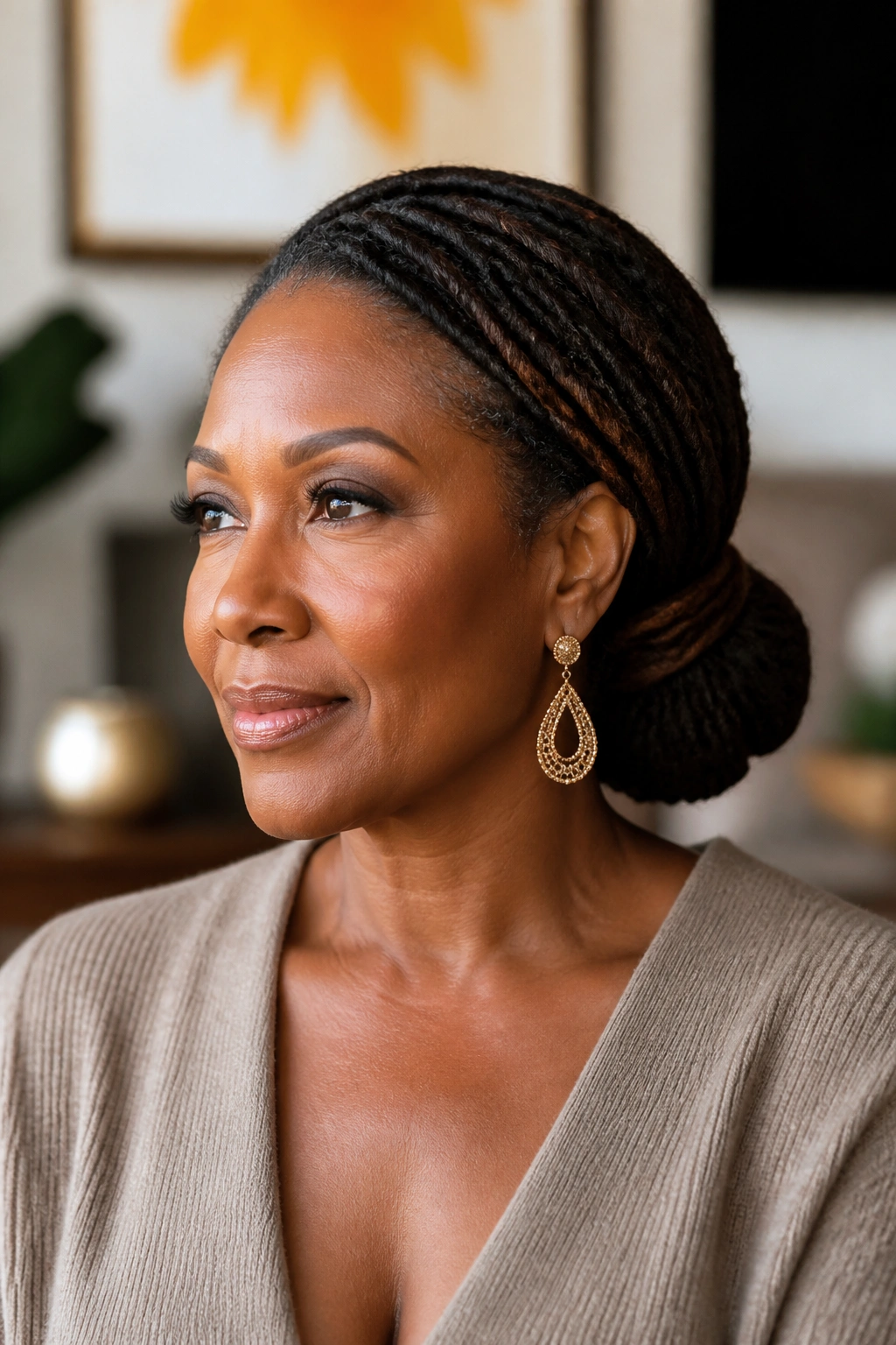 Close-up of a real woman with locs in a low bun.