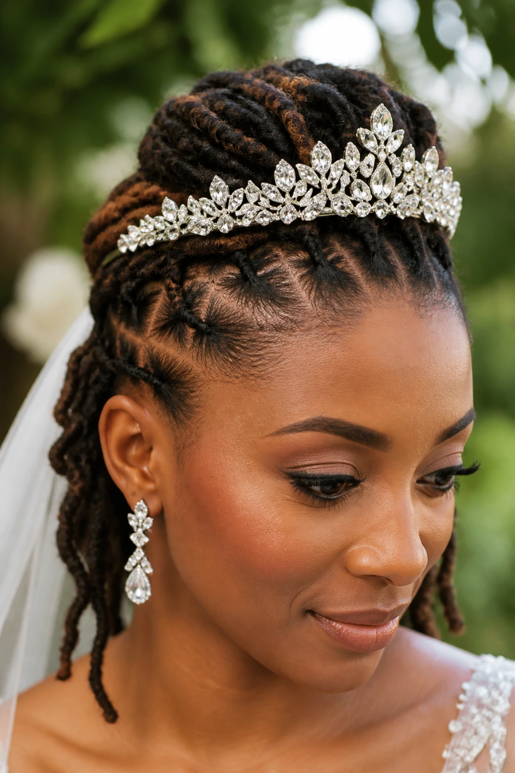 Bride with sculpted tiara and styled locs outdoors