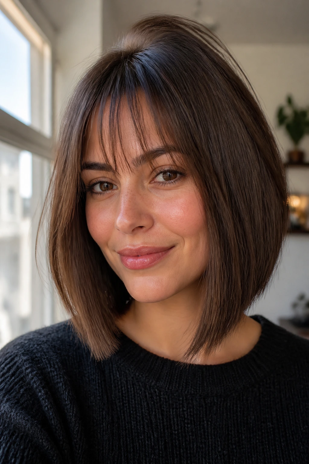 Close-up of a real woman with a long A-line bob and see-through bangs by a sunny window