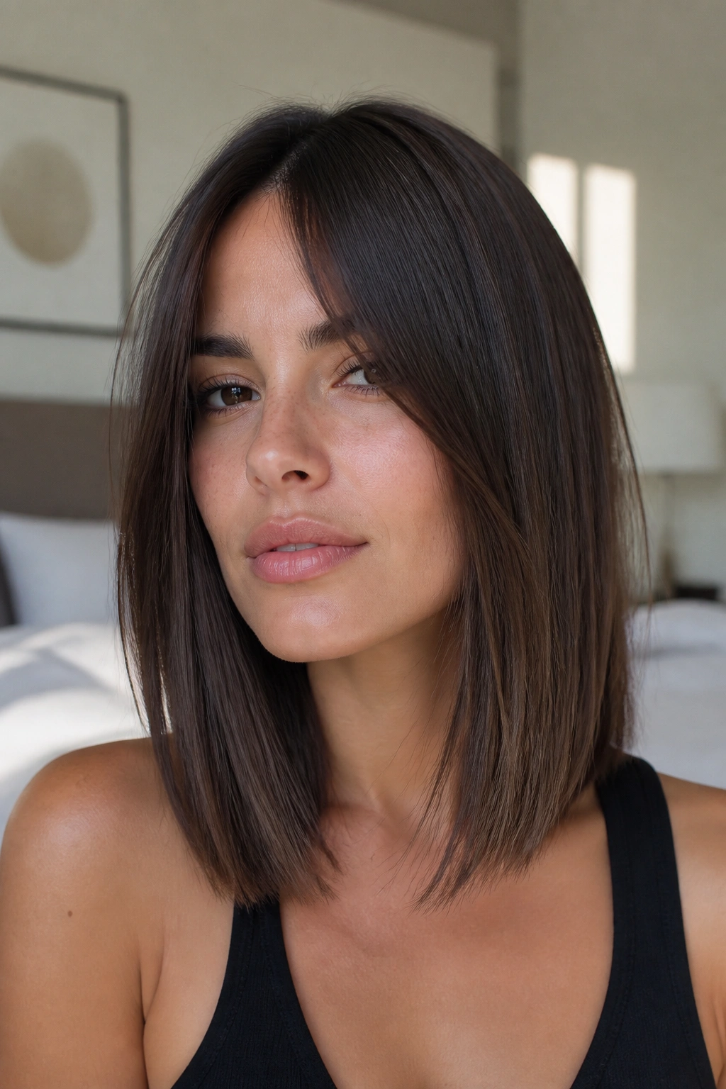 Close-up portrait of a real person with long bangs blending into the length of a straight lob.