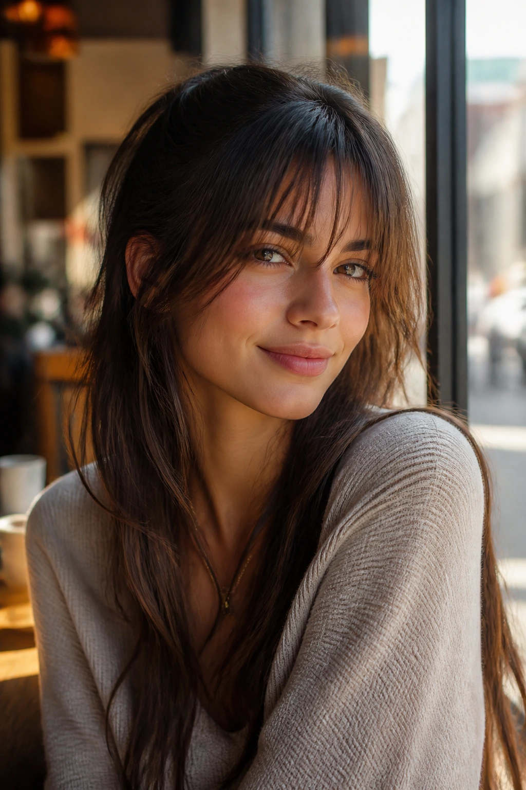 Medium close-up of real woman with long ponytail bangs between brows and cheekbones, hair loose